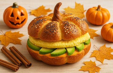 Delicious pumpkin-shaped hamburger with cutlet and slices of fresh tomato, on a decorative plate, on a light background with orange pumpkins, festive food for Halloween