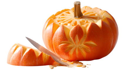 Creative pumpkin carving process with detailed floral design and sharp knife, perfect for autumn decor isolated on white background 