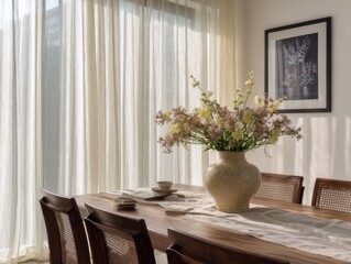 A table with a vase of flowers in the center. There are four chairs around the table