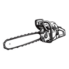 black and white silhouette of a chainsaw machine on a white background