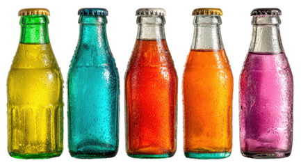 Five colorful vintage-style glass bottles, each filled with a different vibrant soda.  Condensation visible on the glass