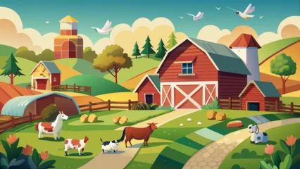 Poster Boerderij A vibrant cartoon-style farm scene with various animals, including cows, goats, and chickens basking in the sunny countryside.  © Nathan
