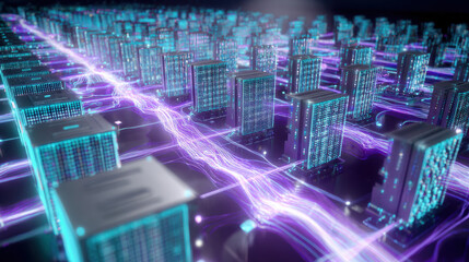 Towering virtual servers glowing with neon lights, interconnected by moving light streams, showcasing high-speed big data processing in a cutting-edge futuristic facility.