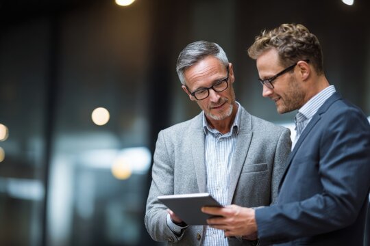 Businessman and manager discussing business plans on a digital tablet in the office.