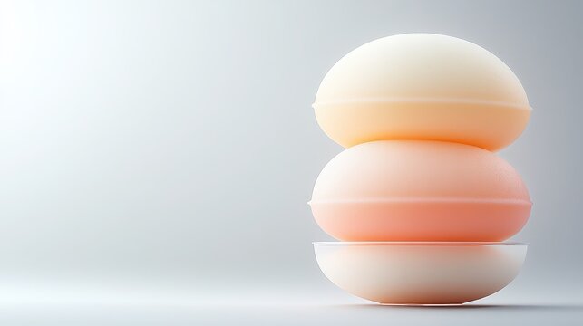 Three soft pastel colored edible spheres delicately stacked. Modern innovative gourmet dessert. Elegant culinary creation in studio.