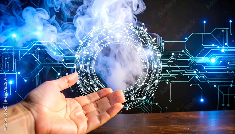 Poster a hand holds a digital network sphere, surrounded by glowing circuit board patterns and wisps of vap