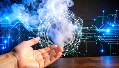 A hand holds a digital network sphere, surrounded by glowing circuit board patterns and wisps of vapor.