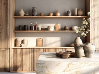 A kitchen with a wooden shelf and a white countertop. There are several vases on the countertop