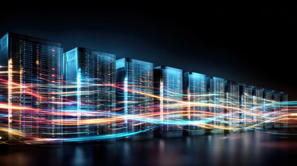 Towering virtual servers glowing with neon lights, interconnected by moving light streams, showcasing high-speed big data processing in a cutting-edge futuristic facility.