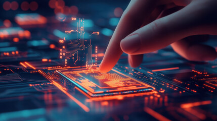 A finger touching a glowing orange and blue circuit board with intricate design and bright illumination