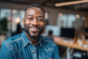 Portrait of a cheerful man with standing confidently with arms crossed in a contemporary open-plan office workspace.