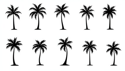 Collection of ten stylized black silhouettes of palm trees on a white background