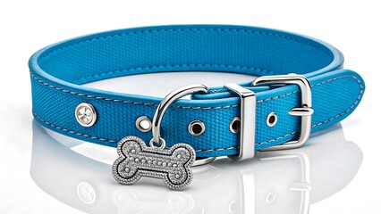 Blue dog collar with metal bone tag isolated on white
