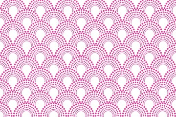 Pink wallpaper, background, pattern, ornament, motif, design. Wavy scale, dots, circle, round, semicircle, fan pattern on white background. Pink, white color