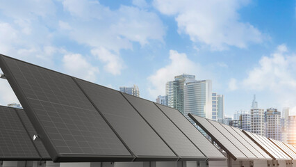 Solar panel farm with cityscape background