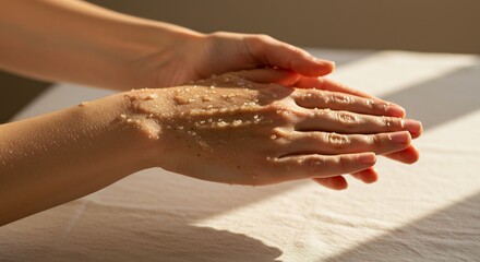 Hands applying scrub Hands with granules Hands on a light surface