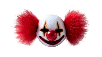 Terrifying clown face with bright red fluffy ears and a glossy red nose, conveying a scary Halloween mood isolated on white background 