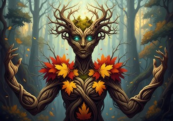 Surreal Human Tree Portrait Fantasy Artwork. Mystical surreal artwork of a human figure merging with a tree, featuring glowing eyes and a crown of branches.