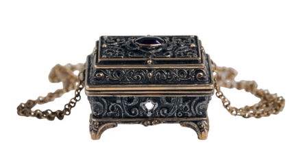 Exquisite antique ornate metal jewelry box with intricate carvings and a deep purple gemstone accent isolated on white background 