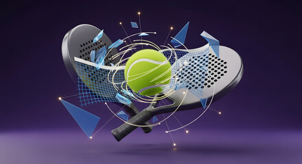 A digitally rendered tennis ball suspended between two padel rackets, with geometric shapes.