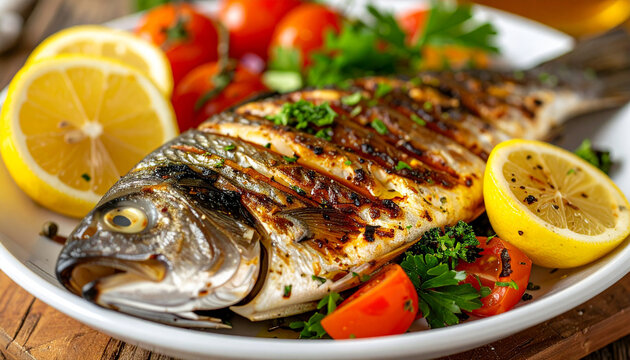 Appetizing close-up of a golden brown whole grilled fish served on a white plate, garnished with vibrant lemon slices and tomatoes on a rustic wooden table.