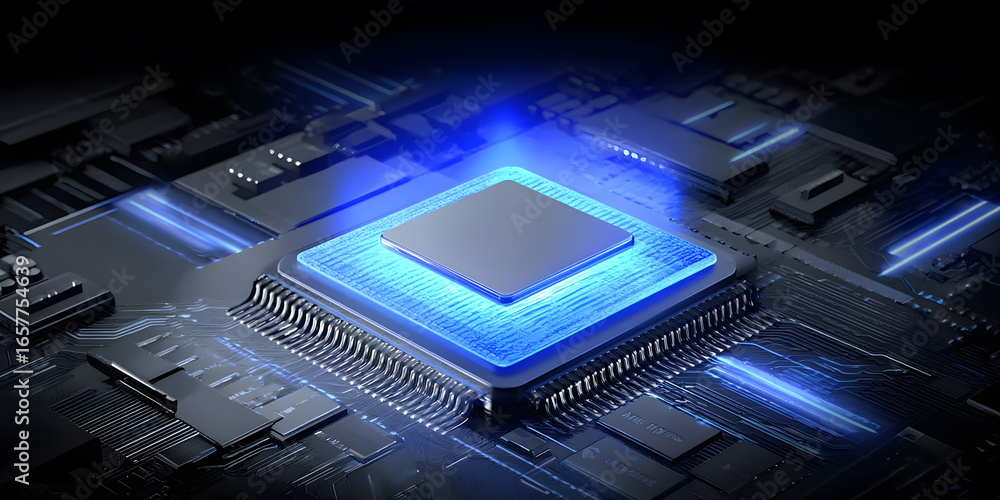 Poster advanced microprocessor with blue illumination on circuit board