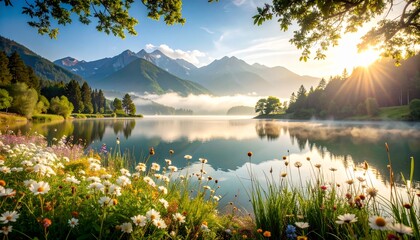 Beautiful Minimal Greeting Card Template Showcasing Idyllic Lake View, Mountain Mist, and Delicate Floral Accents for Customizable Text