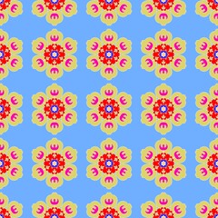 Bold stylized floral pattern in vivid yellow and red hues on a soft blue background. Perfect for creating eye-catching designs for both print and digital media.