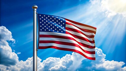 Fototapeta premium American flag waving in blue sky with clouds and sunlight 