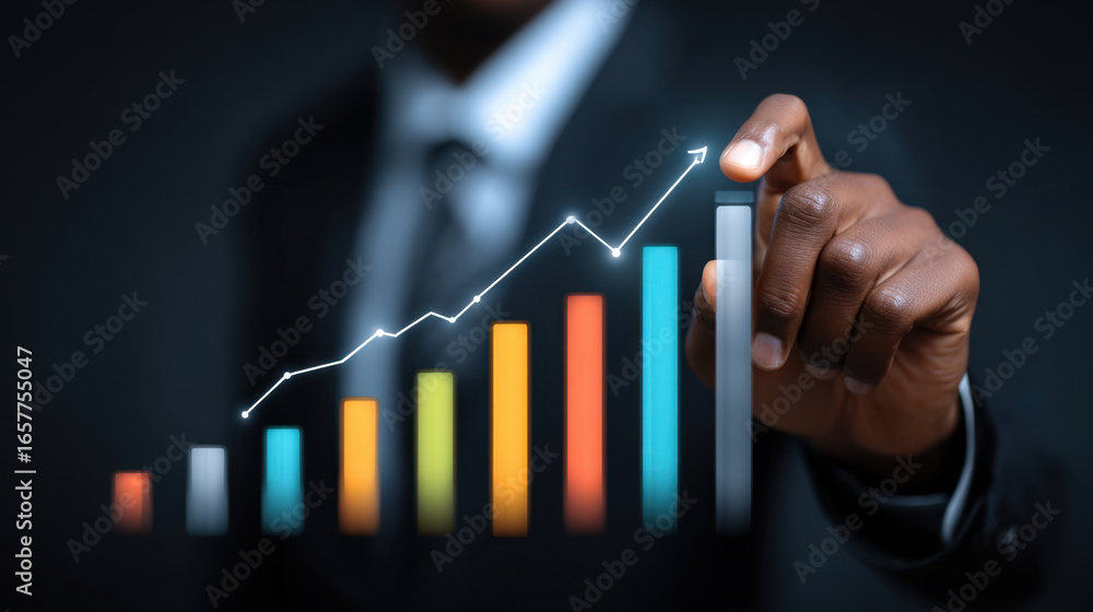 Poster business professional is analyzing data trends with focus on growth, represented by colorful bar gra