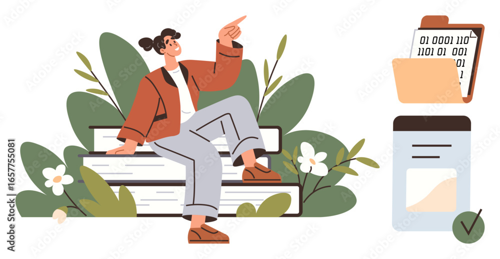 Poster young person seated on stacked books gestures upward surrounded by plants. digital file folder with 