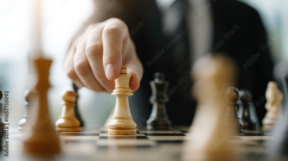 Poster person in suit is strategically moving chess piece on chessboard, showcasing moment of concentration