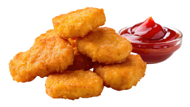 Crispy golden-brown nuggets, a pile of about 8, sit alongside a small bowl of ketchup