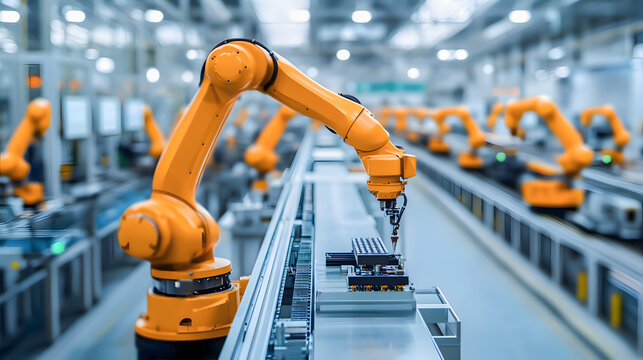 A yellow robotic arm working conveyor belt in a factory setting