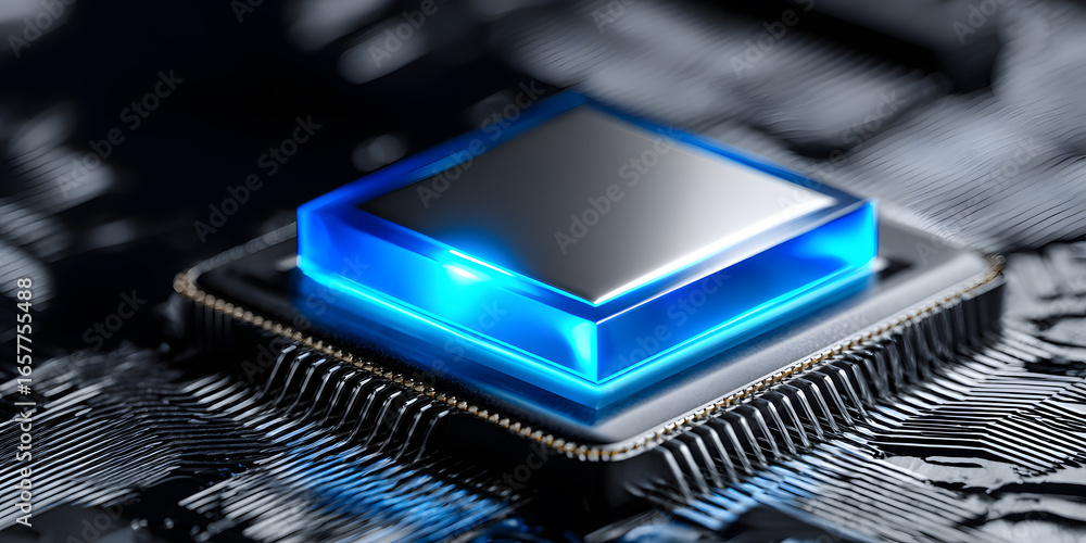 Poster advanced microprocessor with blue illumination on circuit board