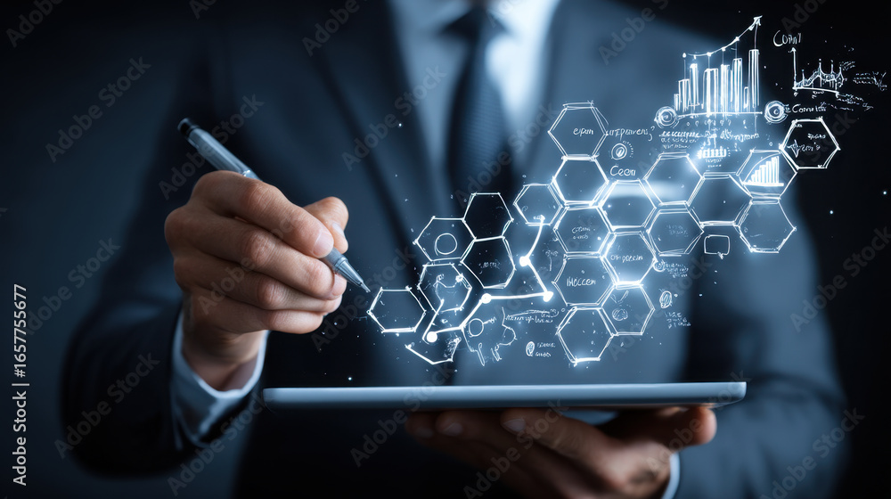 Poster innovative businessman using digital tablet to create data visualizations and graphs, showcasing tec