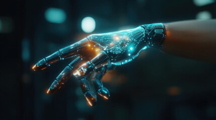 A robotic hand with glowing circuitry reaching out in a dark and futuristic environment setting view