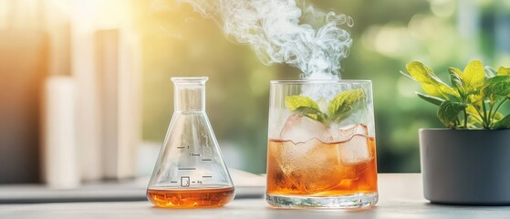 Liquid in glass flask and drink with ice and mint emitting vapor, representing modern food preparation.