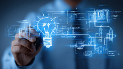 Innovative ideas are represented through hand drawing glowing light bulb surrounded by technical diagrams and blueprints, symbolizing creativity and engineering