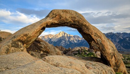 Majestic Natural Rock Archway Framing Snow-Capped Mountain Peaks Under a Dramatic Sky.