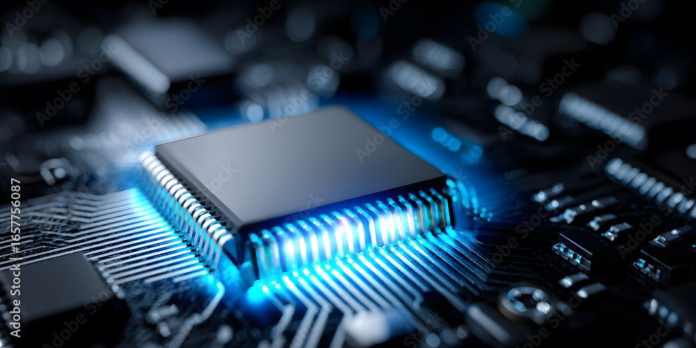 Poster close-up of an illuminated microchip on a circuit board