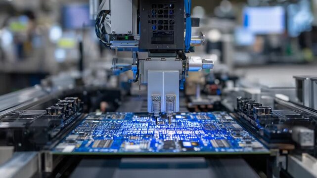 Efficient LED light assembly line using mechanical clamps and laser-cured UV glue for rapid diode chip mounting.