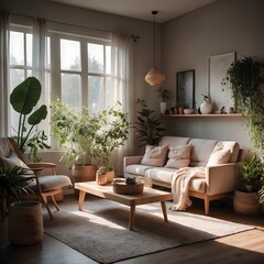 Fototapeta premium Serene modern living room bathed in natural light, filled with lush green plants creating a tranquil oasis.