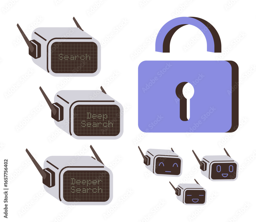 Poster robots labeled search, deep search, deeper search with expressions next to a purple padlock. ideal f