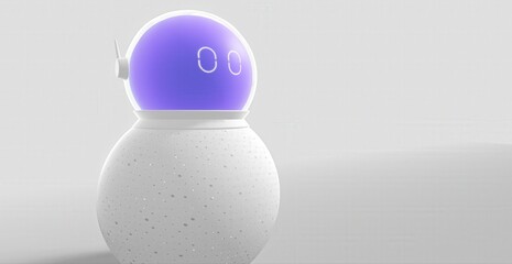 A futuristic robot with a glowing purple head and a spherical body 