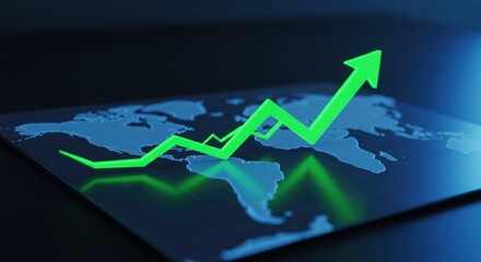 Green Growth Arrow Rising Over World Map Business Concept.