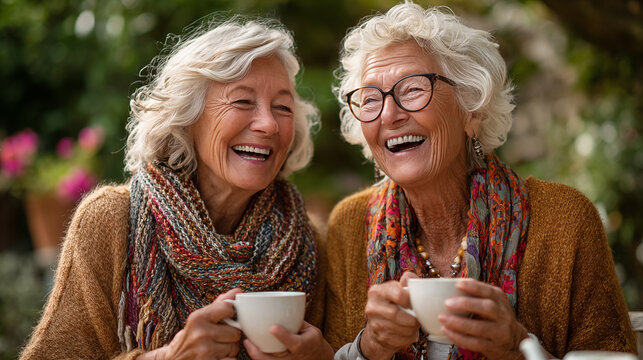 Portrait of happy senior women drinking coffee in garden on a sunny day
