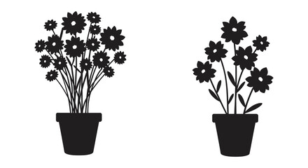 Black silhouettes of potted flowers on a white background
