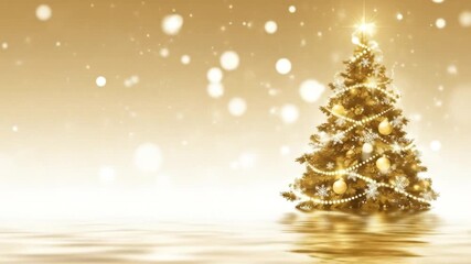Golden Christmas tree reflected in water, snow falling - Powered by Adobe