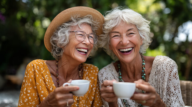 Portrait of happy senior women drinking coffee in garden on a sunny day